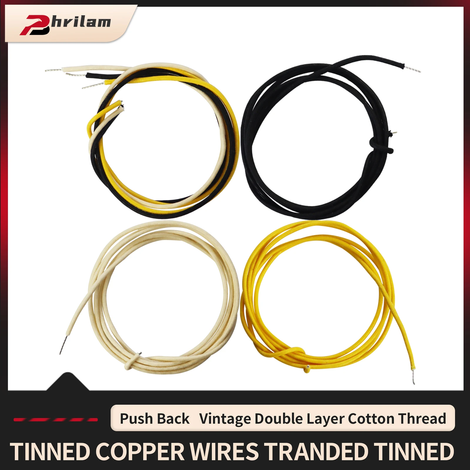 Mit Stoff überzogener, gewachster Pushback-Gitarrendraht im Vintage-Stil (weiß/schwarz/gelb), Pushback-Draht für E-Gitarren-Upgrade, 22 AWG-Draht Image