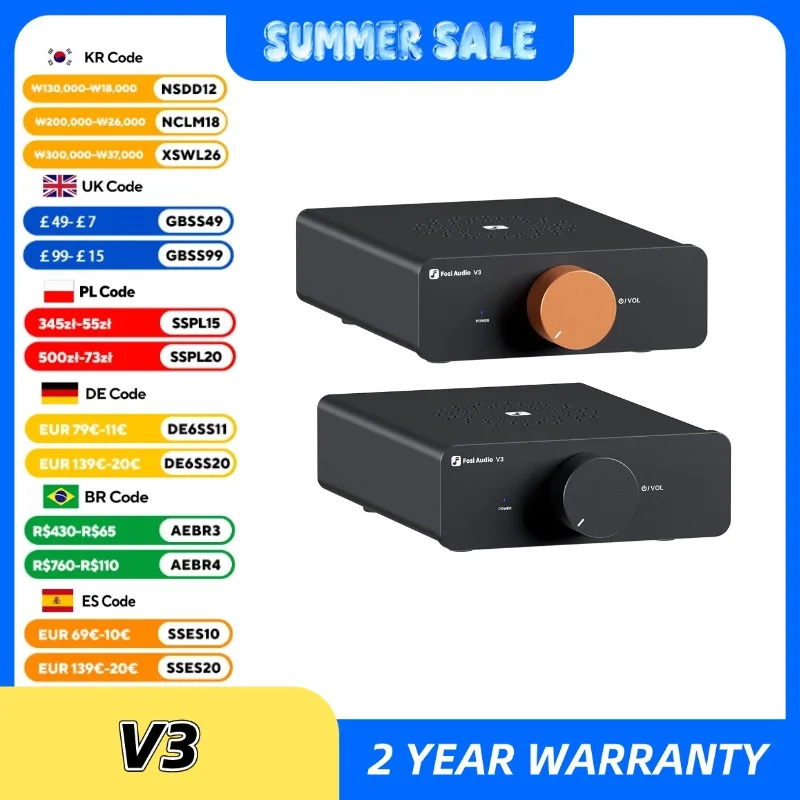 Fosi Audio V3 Stereo-Leistungsverstärker 300 W * 2 TPA3255 Klasse D Mini-Verstärker 2-Kanal-Audioverstärker für Subwoofer Passives Bücherregal