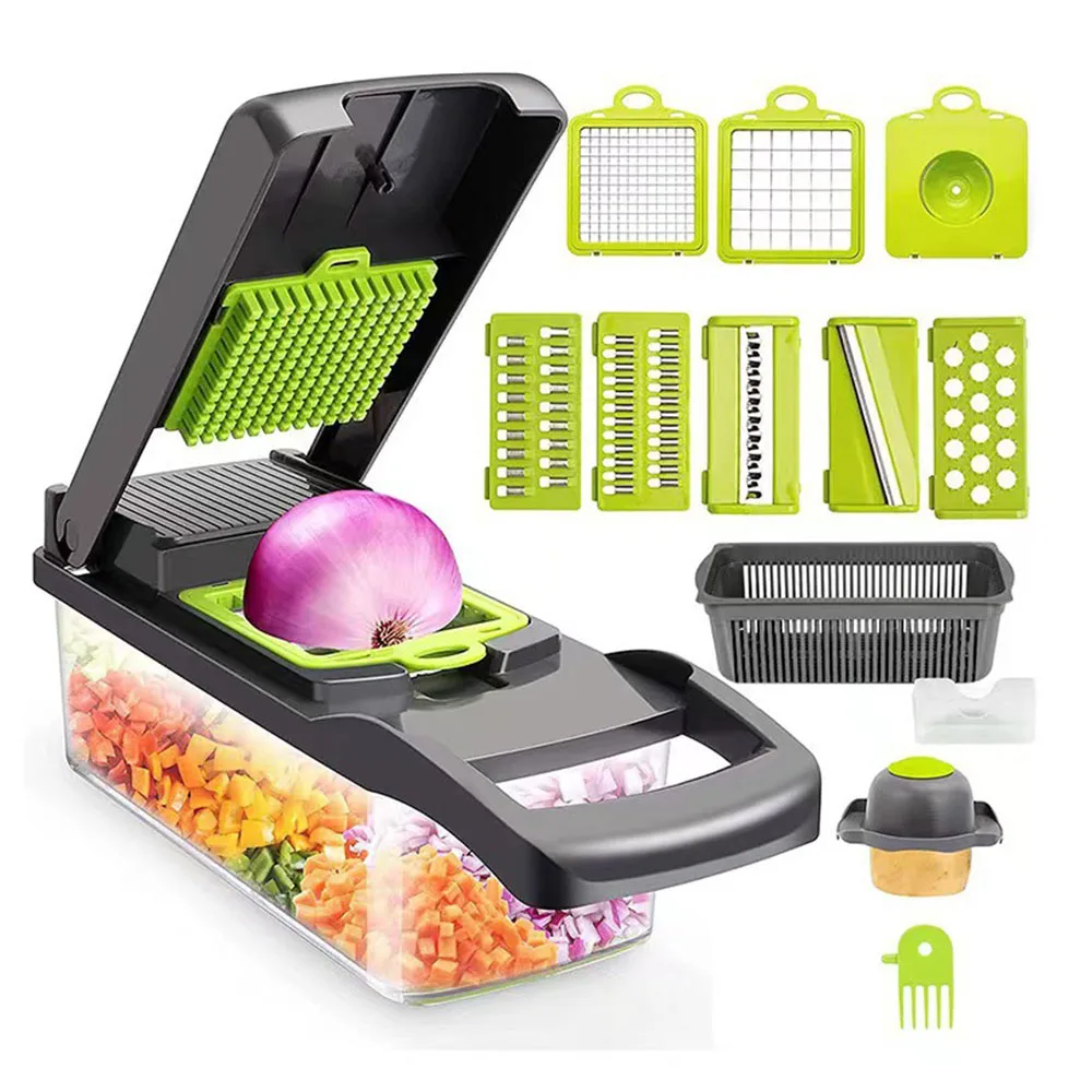 Gemüsezerkleinerer, Mandolinenschneider, Käsereibe – Lebensmittel, Zwiebeln, Salat, Gemüsehacker mit Behälter – Küchenutensilien, Gadgets