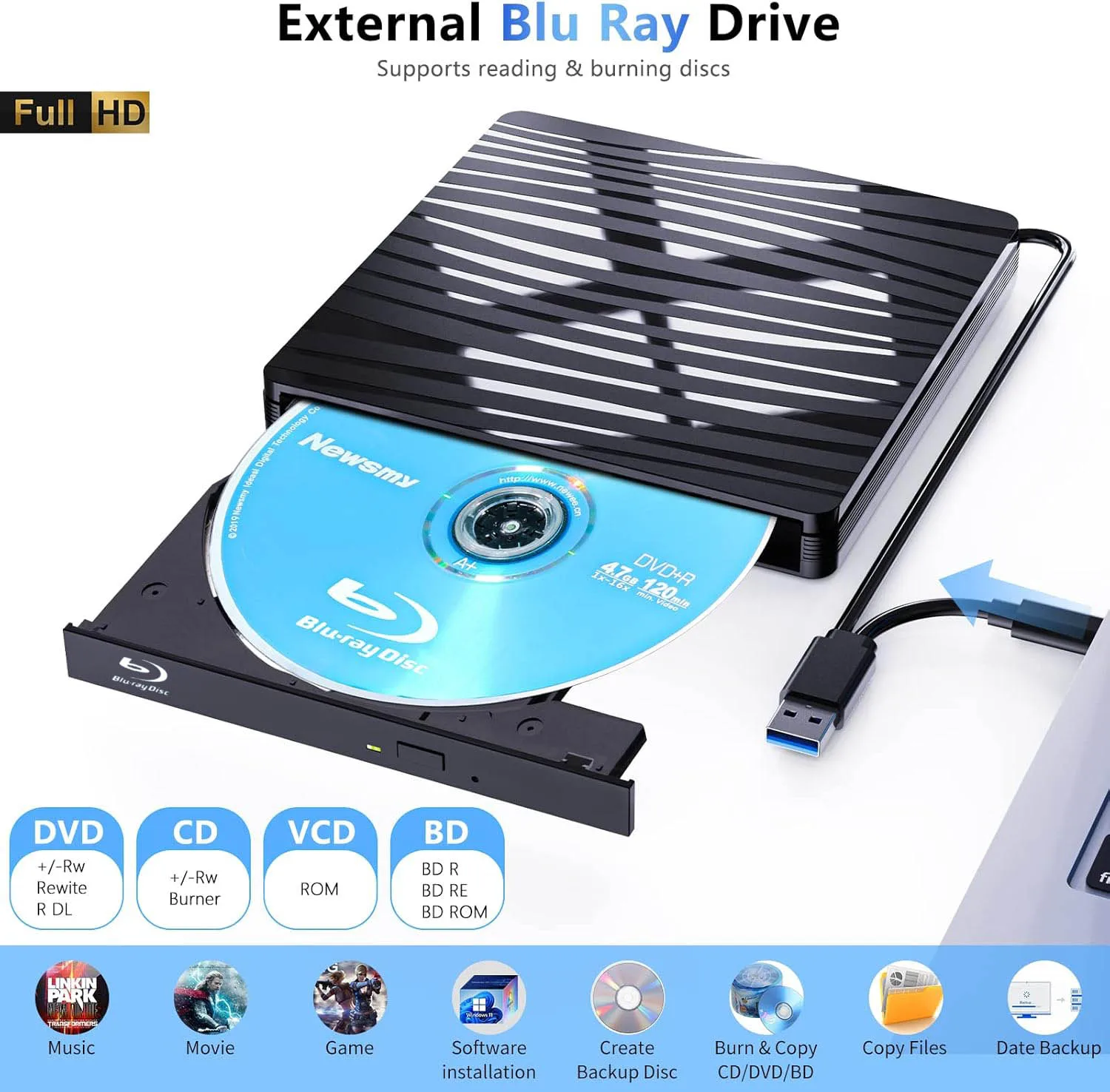 USB3.0 Externes optisches Blu-ray-Laufwerk für Laptop-PC Windows 11/10 Mac Tragbares 3D-BD-RW-Laufwerk BD DVD-CD-Player Brennerleser Image