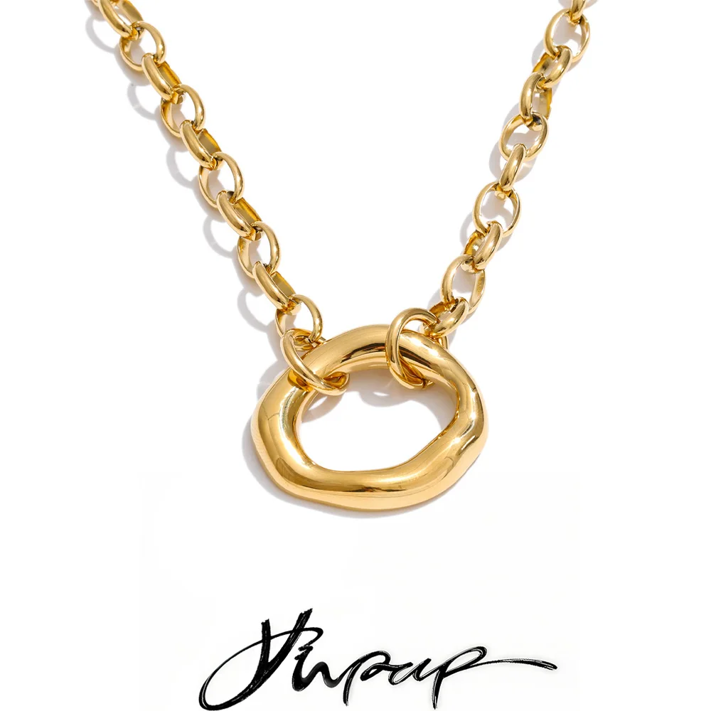 Yhpup Edelstahl Metall Hohler Runder Anhänger Statement-Halskette 16K Gold Platin PVD-Beschichtet Täglicher Casual-Schmuck