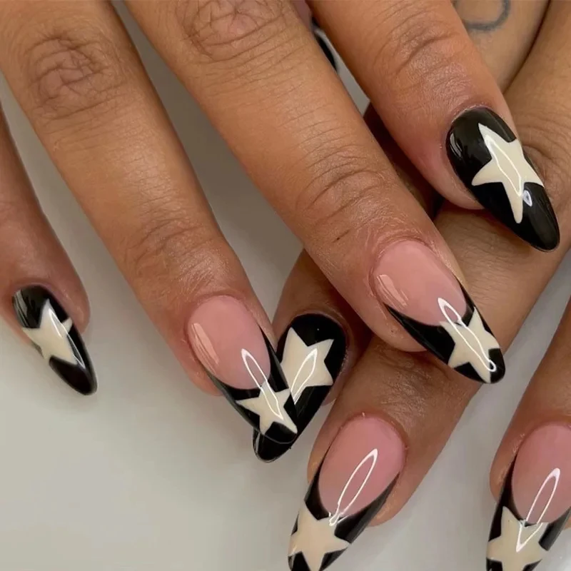 24 Stück lange französische Sternnägel mit schwarzem Rand, 1 Gelee-Gel und 1 Nagelfeile Image