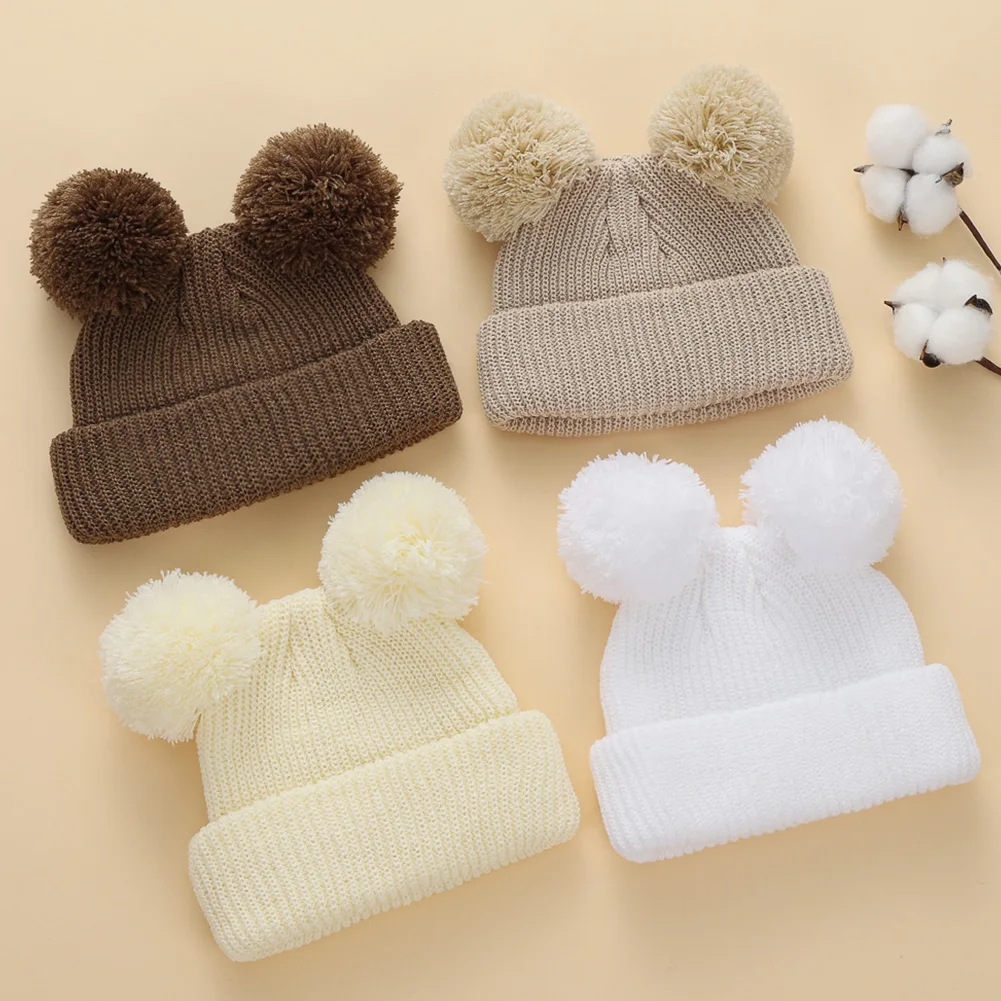 0-12M Solide Strick Nette Pom Pom Kappe Neugeborenen Jungen Mädchen Turban Hüte Krankenhaus Bonnets Infant Herbst Winter headwraps Kind Kopfbedeckungen Image