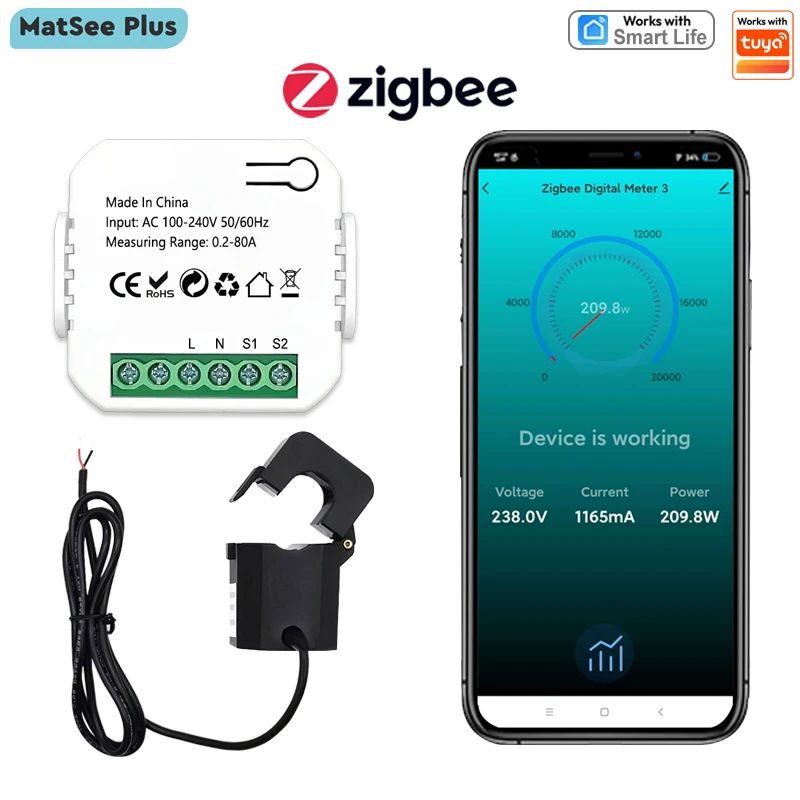 Tuya Smart Life ZigBee Energiezähler 80A Zangenstromwandler APP Monitor Stromverbrauch KWh Elektrizität Statistik 240V 50/60Hz Kann Szenen Automatisierung einstellen Image