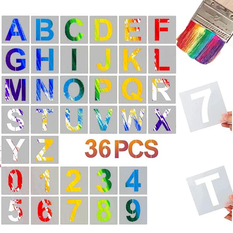 36 Stück Alphabet-Vorlage, Zahlen, Kunsthandwerk, Vorlagen, wiederverwendbare Kunststoff-Wortaufkleber, DIY-Malerei, Wortvorlagen, mehrere Größen Image
