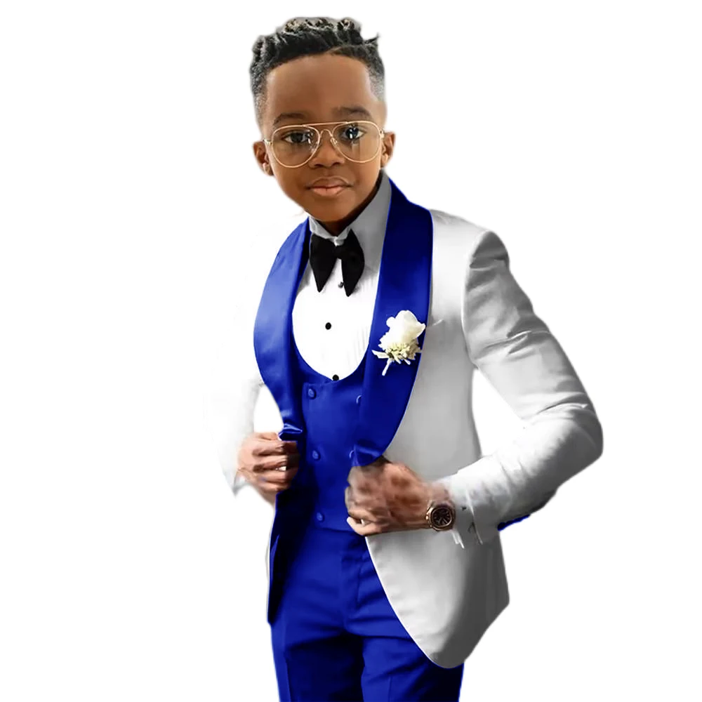 Anzug für Jungen, Hochzeits-Smoking, 3-teilig, weiße Jacke, königsblaue Hose, Weste, Kinder-Blazer-Set, schmale Passform, maßgeschneidertes Outfit Image