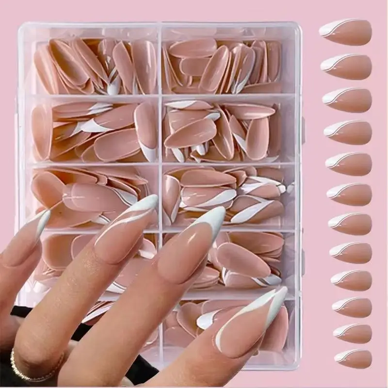 120 Stück French Tips Press on Nails Mandel-Kunstnägel Braunes Liniendesign Minimalistische Mandel-Kunstnägel Geeignet für den Sommer Falscher Nagel