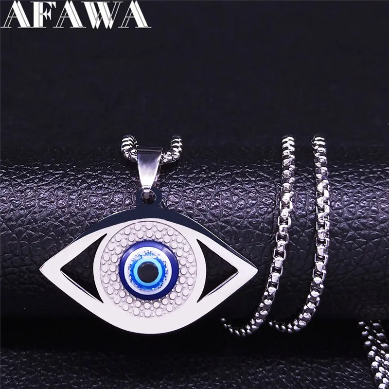 Islam Hamsa Böse Blue Eye Halskette Edelstahl Türkischen Auge Halskette Griechischen Schmuck ojo turco acero inoxidable N1258S02 Image
