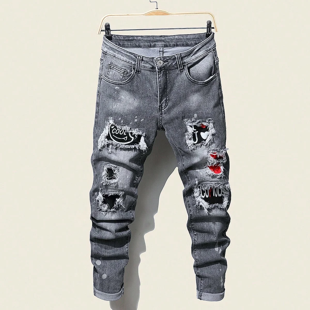 Herren Slim Stretchy Denim Jeans für Männer Hosen Reißen Patchwork Weiche Baumwolle Hohe Elastische Ripped Loch Casual Männliche Hosen Image