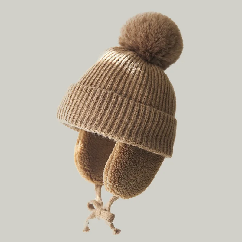 Winter Dicke Baby Hut Große Bommel Beanie mit Earflap Wolle Plüsch Kinder Gestrickte Kappe für Mädchen Jungen Warme Kinder Zubehör 2-8T Image