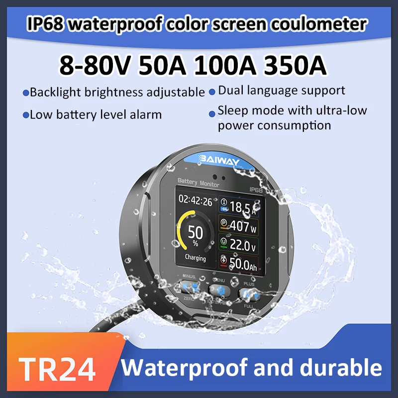 DC 8-80V 50A 100A 350A Batterietester Wasserdichter Coulometer Fahrzeugbatteriekapazitätsanzeige Amperemeter Voltmeter Batterietester Image