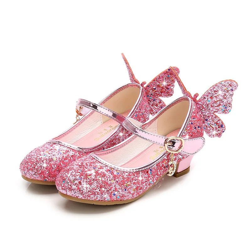 Prinzessinnen-Schmetterling Lederschuhe für Kinder mit Diamant-Schleife und Hohem Absatz, Glitzer-Tanzschuhe für Mädchen, Modische Party-Tanzschuhe