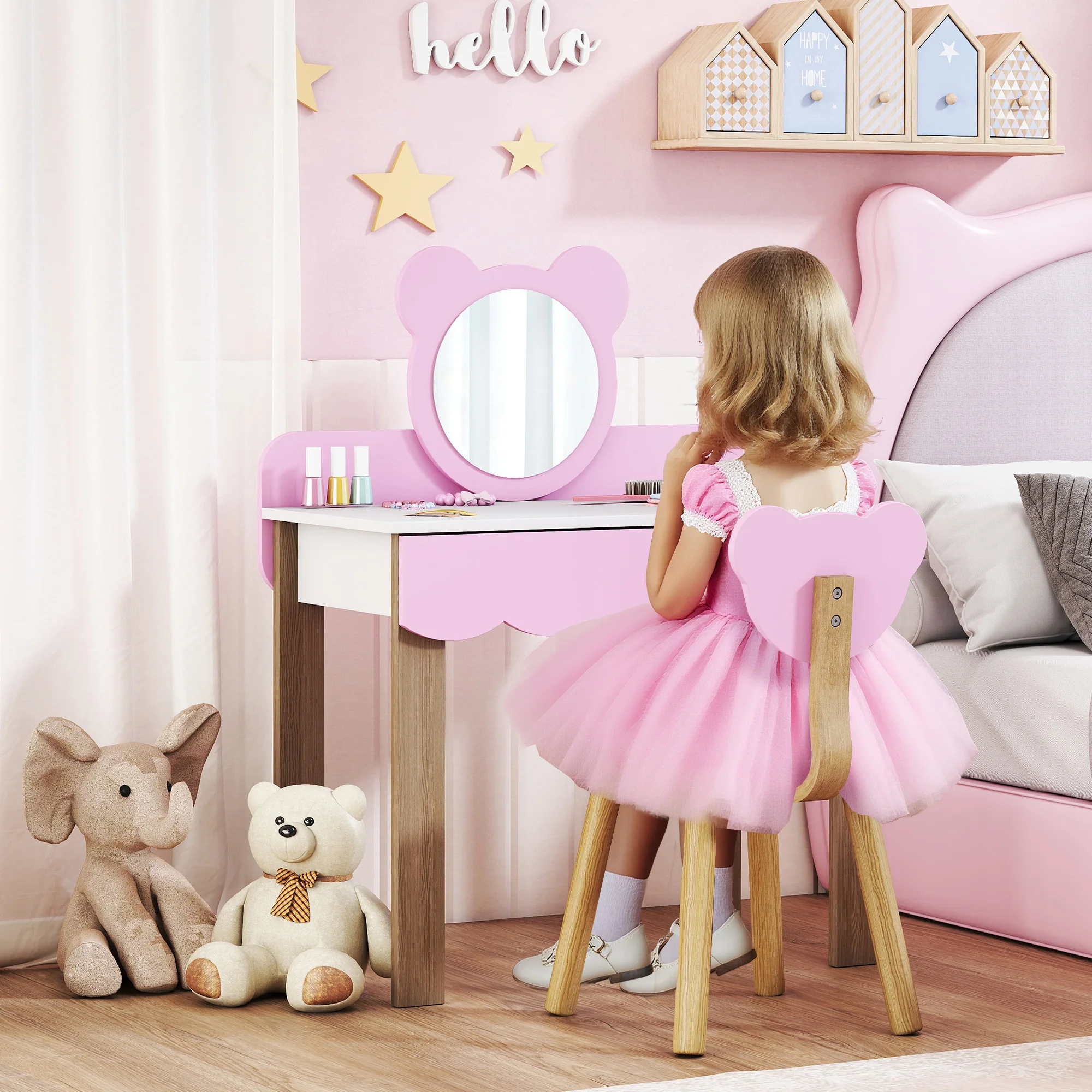 AIYAPLAY Kinder Schminktisch Set Frisiertisch mit Hocker Spiegel Kosmetiktisch