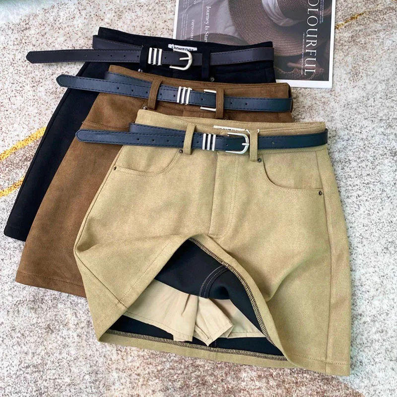 2025 neue Mode Wildleder Mini Röcke Frauen Vintage Alle-Spiel Streetwear Braun Kurzen Rock Herbst Winter Hohe Taille A-linie Röcke