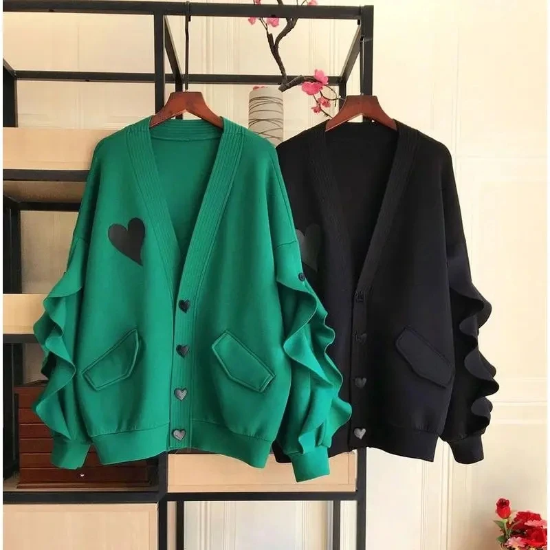 Plus Größe 150kg Herbst Winter jacke Frauen herzförmigen Mantel Langarm Knopf Jacke Mantel schwarz grün Farbe Damen Tops