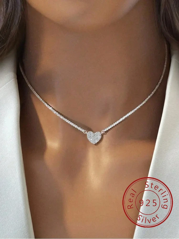Halskette aus 925er-Sterlingsilber, modisch, voller Zirkon, Liebesherz, für Damen, Verlobung, Hochzeit, luxuriös, hochwertiger edler Schmuck Image