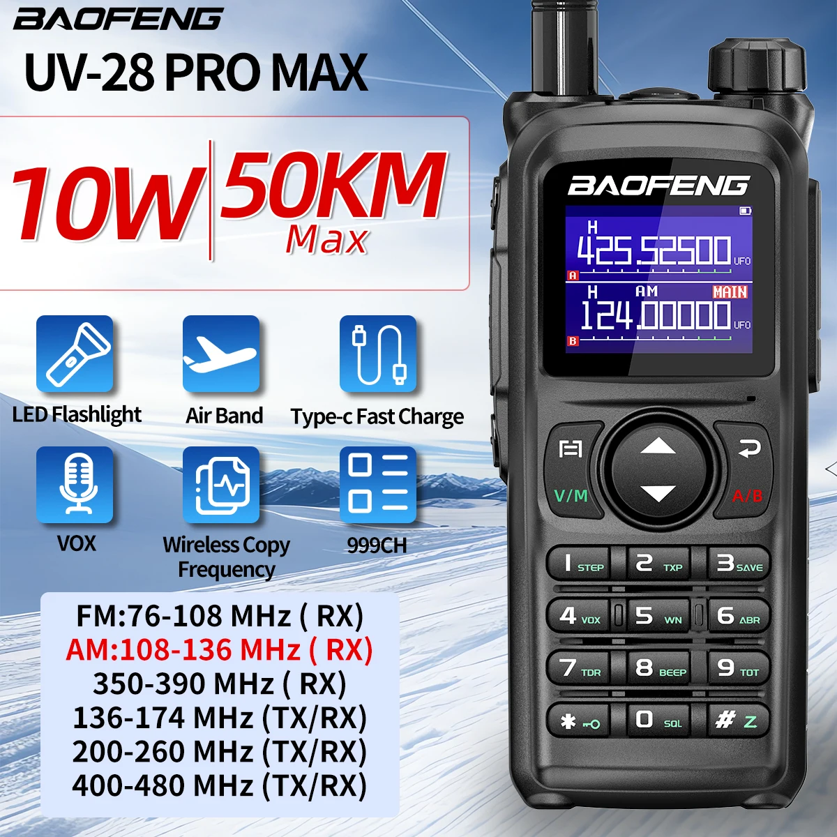 BAOFENG UV-28 PRO MAX Walkie Talkie 10 W Multi-Band Wireless Kopierfrequenz 999 CH DTMF Typ-C AM FM NOAA Langstrecken-Funkgerät Image