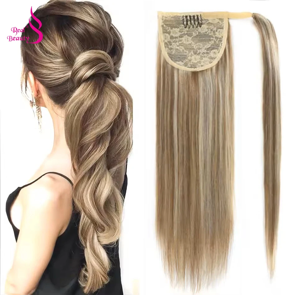 Echte Schönheit, glattes Echthaar, magische Krawatte, Pferdeschwanz, 100 % Remy-Echthaar, umwickelbare Pferdeschwanz-Verlängerung für schwarze Frauen Image