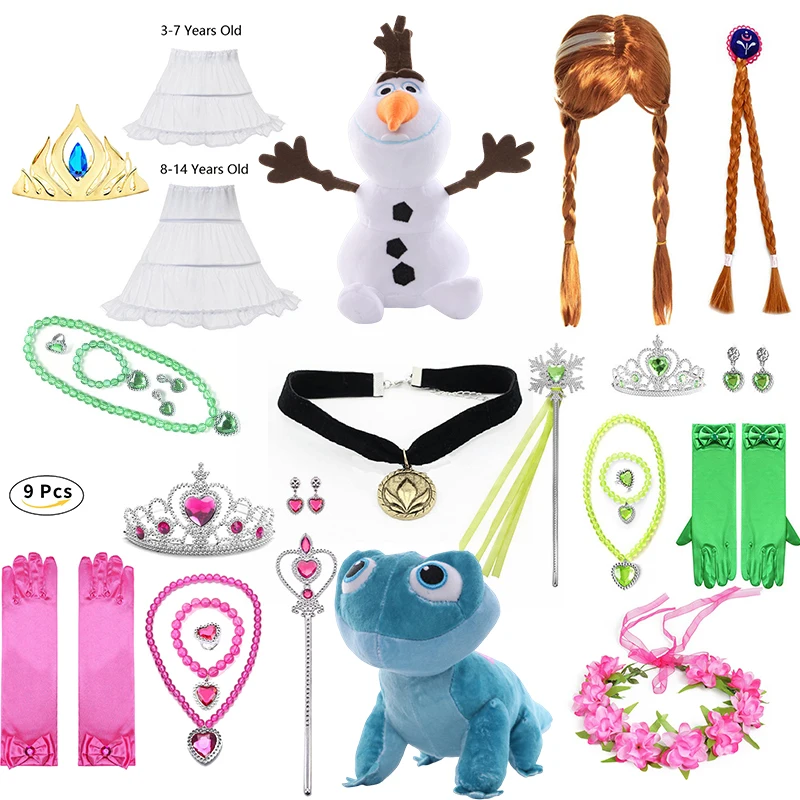 Disney Frozen 2, Schneekönigin, Elsa, Anna, Prinzessin, rosa, grün, Zubehör, Zauberstab, Krone, Halskette und Perücke, Handschuhpuppe, Eidechse, Olaf-Spielzeug