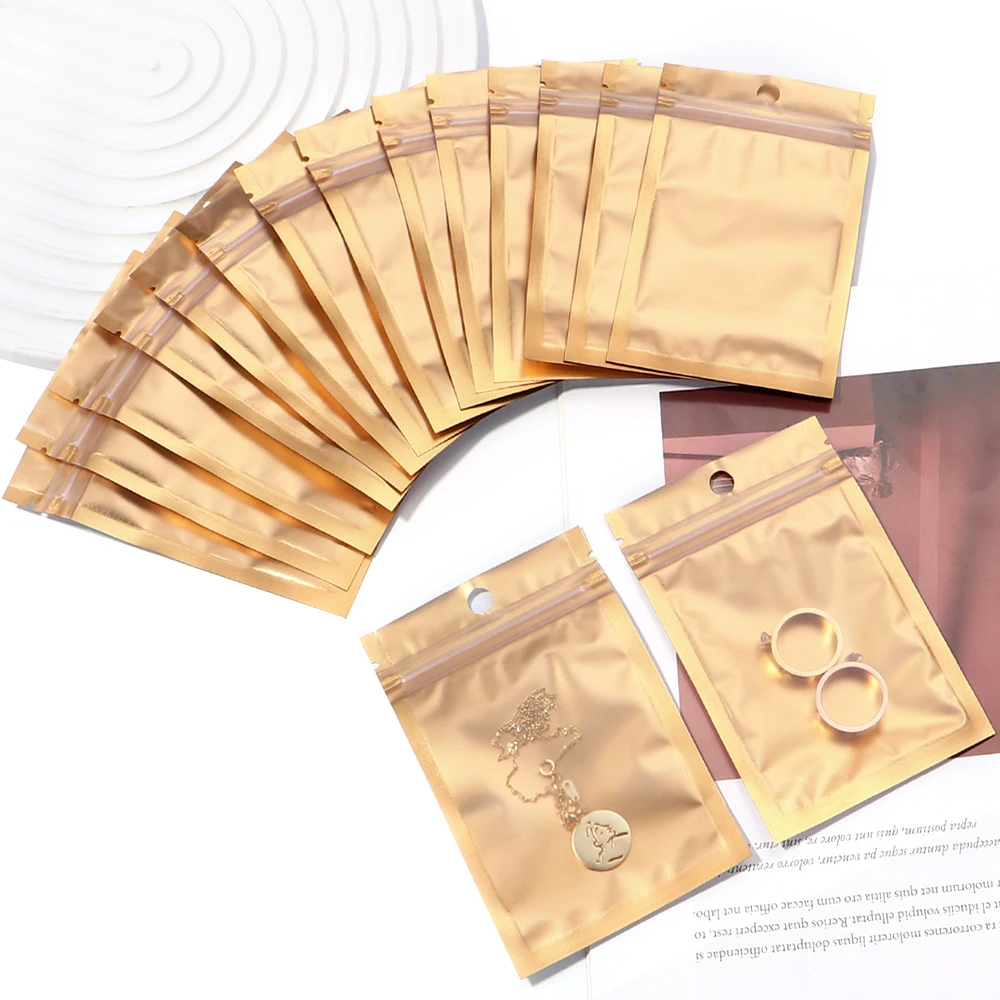 20-50 Teile/los Gold Farbe Aluminium Folie Druckverschlussbeutel Multi-größe Schmuck Ohrringe Ring Süßigkeiten Aufbewahrungsbeutel Wiederverschließbare Paket Tasche