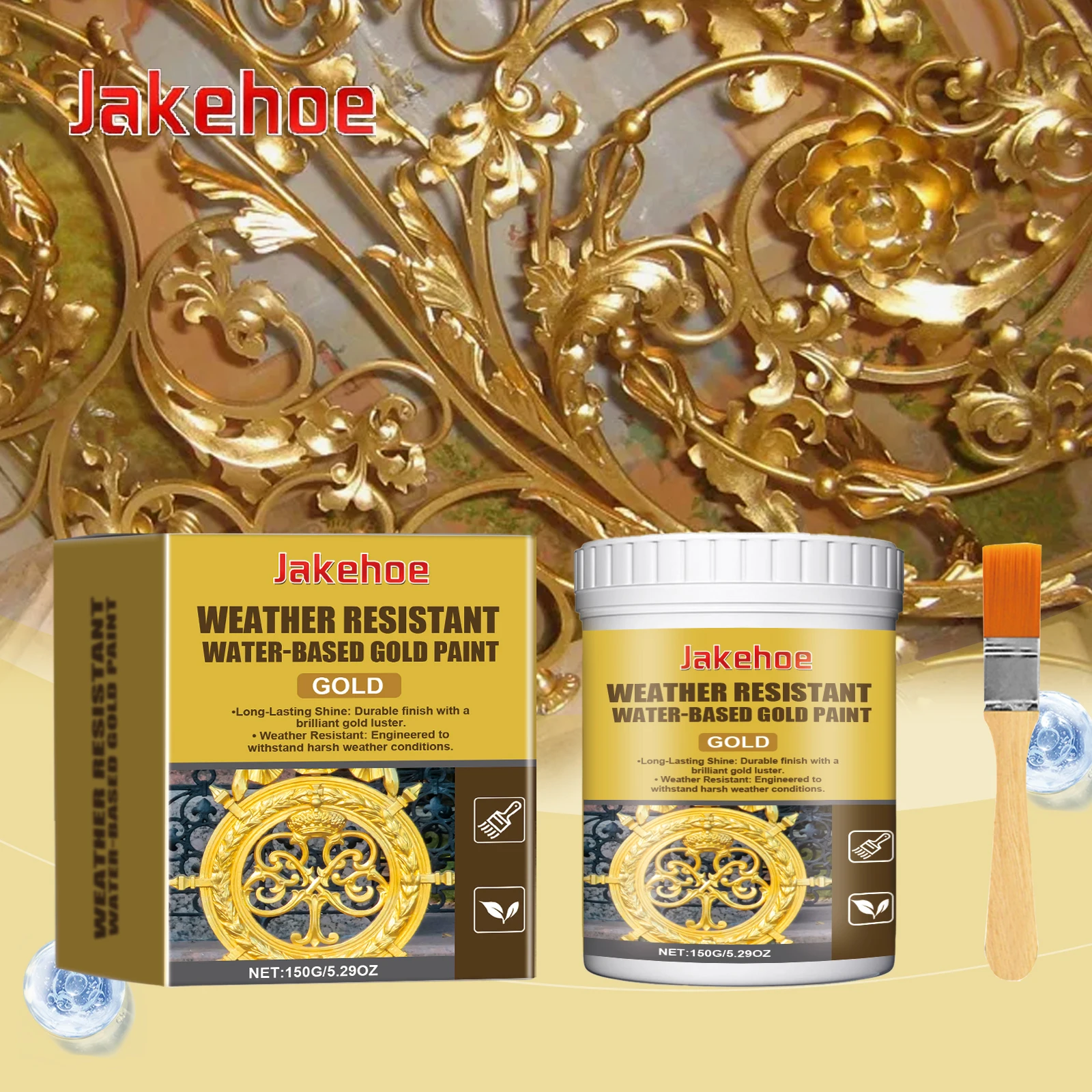 Jakehoe Wetterbeständige, wasserbasierte Metallic-Goldfarbe, Hochglanz-UV-Schutz für Säulen, Geländer, Gartenmöbel