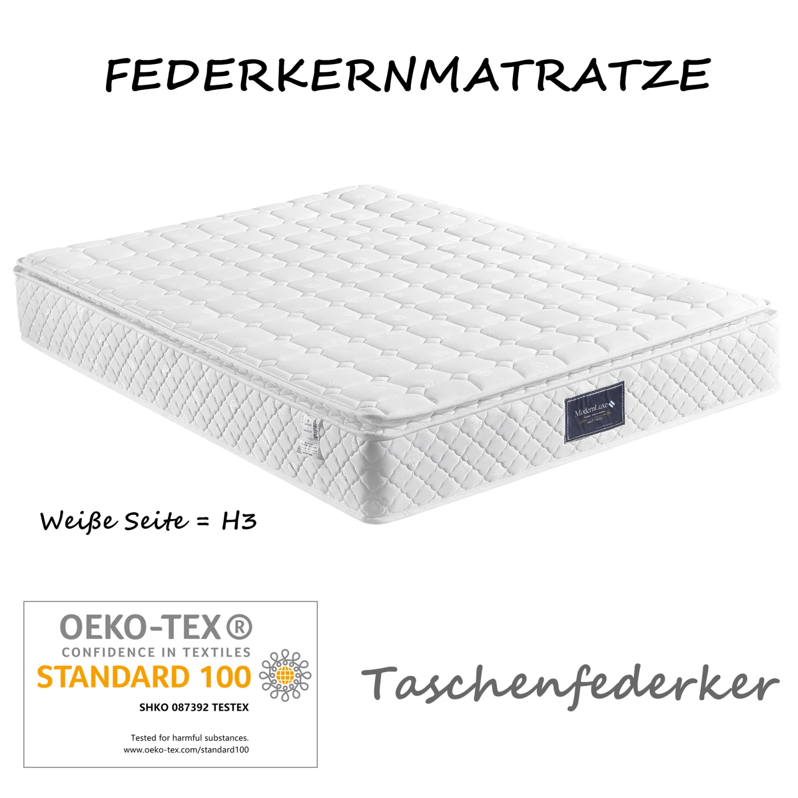 Rosahqnda 90/140/160 x 200 cm Federkernmatratze,Atmungsaktiver Schaumstoff,Härtegrad H3,Doppeltuch-Polyesterbezug,Weiß Image