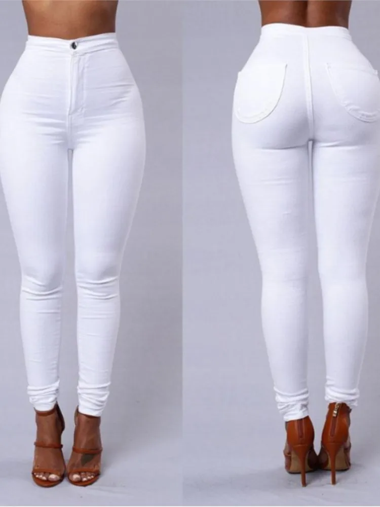Einfarbig Dünne Jeans Frau Weiß Schwarz Hohe Taille Render Jeans Vintage Sexy Lange Hosen Femme Casual Bleistift Hosen Denim Jeans