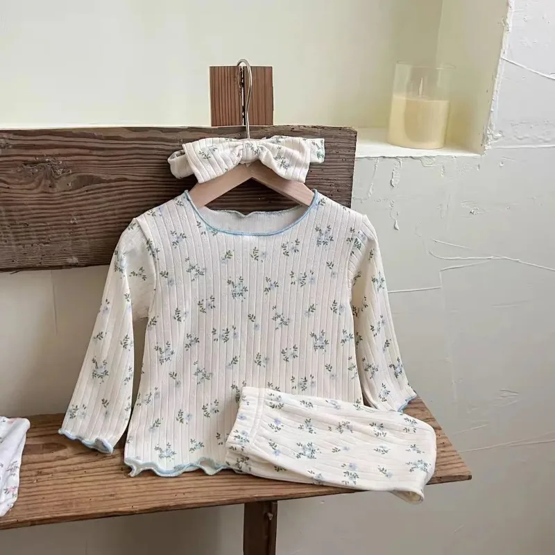 ‌ Neue Ankunft Baby Mädchen Blumen Druck Baumwolle Pyjama Set Langarm Spitze Trim Zwei Stück Nachtwäsche Herbst Homewear Infant Kleinkind ‌ Image