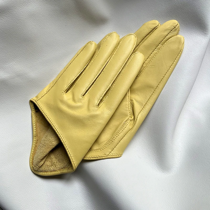 Frauen Natürliche Schaffell Leder Solide Gelb Farbe Männer Halb Palm Handschuhe Weibliche Echtes Leder Mode Kurze Fahren Handschuh