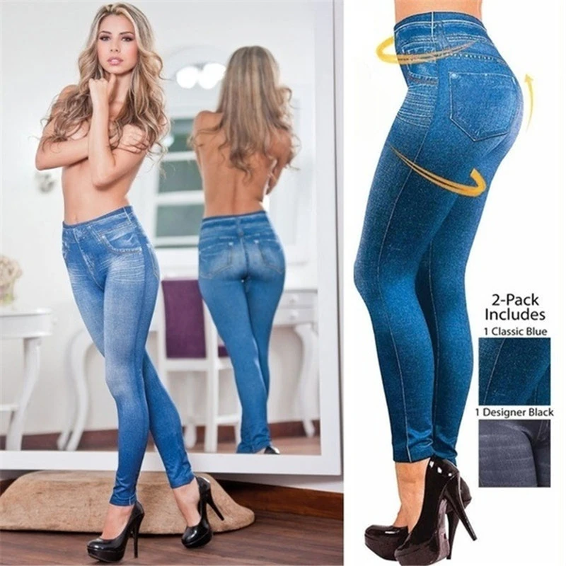 2024 Push-Up Nahtlose Hohe Taille Faux Denim Leggings Frauen Casual Elastische Tasche Jeans Drucken Hosen Dünne Bleistift Leggins Mujer Image