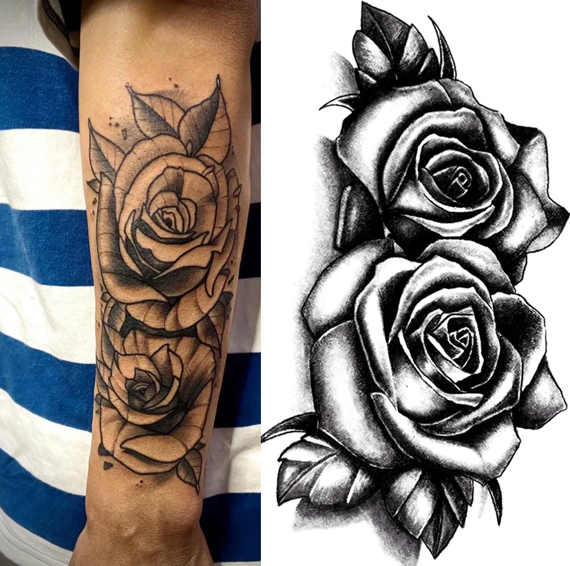 Wasserdichte Doppel Rose Temporäre Tattoo Aufkleber Blume Rose Flash Sexy Gefälschte Schwarze Rose Tattoos Körper Kunst Arm Gefälschte Hülse Tattoo