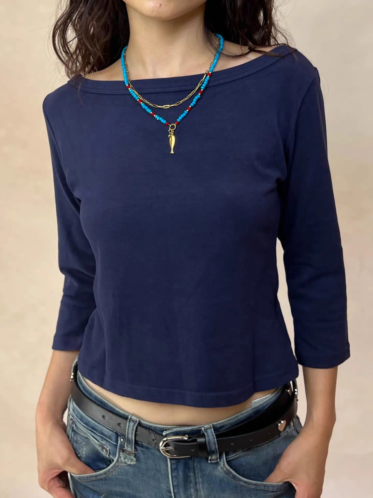 Solide Grund Hülse Mit Drei Vierteln T-shirts Frau Herbst Slash Neck Baumwolle Schlank Crop Top Weibliche Casual Einfach Alle-spiel t-shirts Image