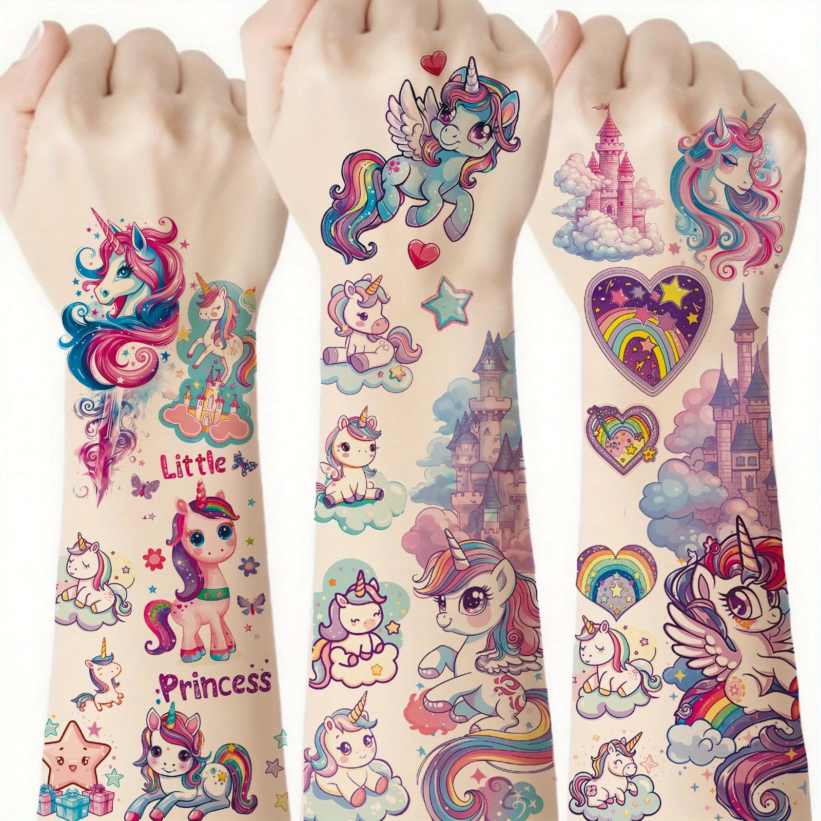 12 Stück funkelnde Einhorn-temporäre Tattoo-Aufkleber, niedliches Design, wasserdichte Einhorn-Planeten-Fake-Tattoo-Aufkleber Image