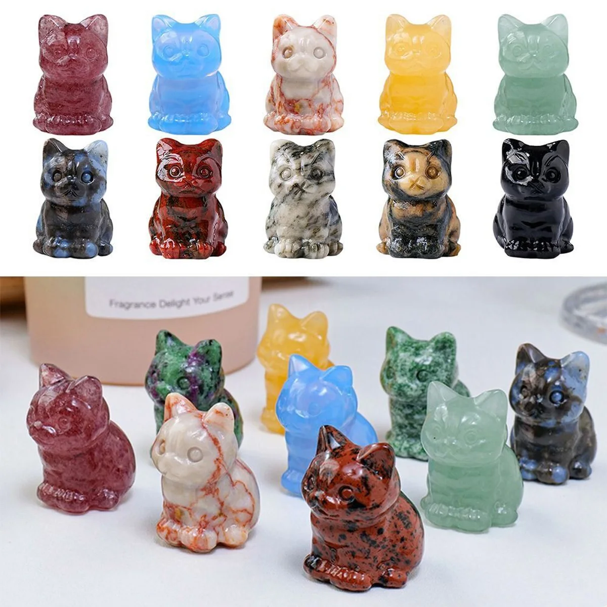 Natürliche Kristall-Katzenornamente, handgeschnitzter Kätzchenkristall, Originalstein, Edelstein, DIY, Tierhandwerk, Kunstwerke Image