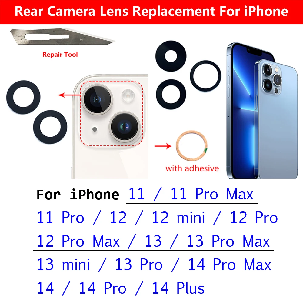 Neue Ersatz-Kamera-Glaslinse, Rückkamera-Glaslinse mit Klebestreifen für iPhone 11 12 13 14 Pro Max mini 15 Plus Image