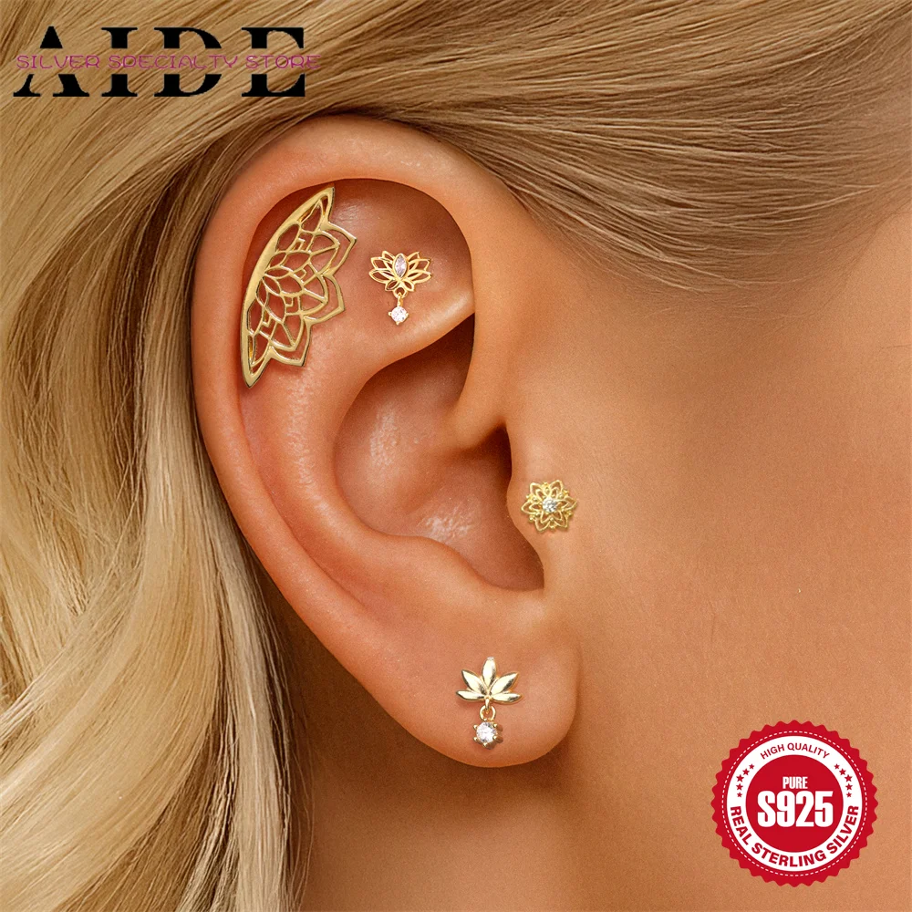 AIDE 925 Sterling Silber 1 Stück glänzende hohle Lotus Piercing Ohrstecker für Frau Licht Luxus modische tägliche Party