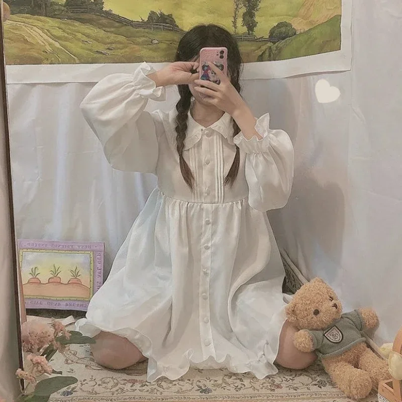 Japanisches süßes Mädchen-Lolita-Kleid, weiß, 2021, Sommer, Kawaii, Peter-Pan-Kragen, niedliche Rüschen, Puffärmel, elegante Damenkleider