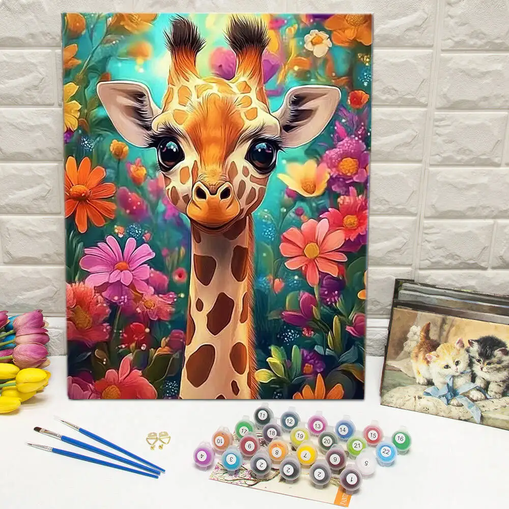 Momoart Bilder nach Zahlen, Giraffe, Tier, DIY, Malen nach Zahlen, Hirsch, Blume, buntes Kit, Kunst, Zeichnung, ohne Rahmen, Wanddekoration Image