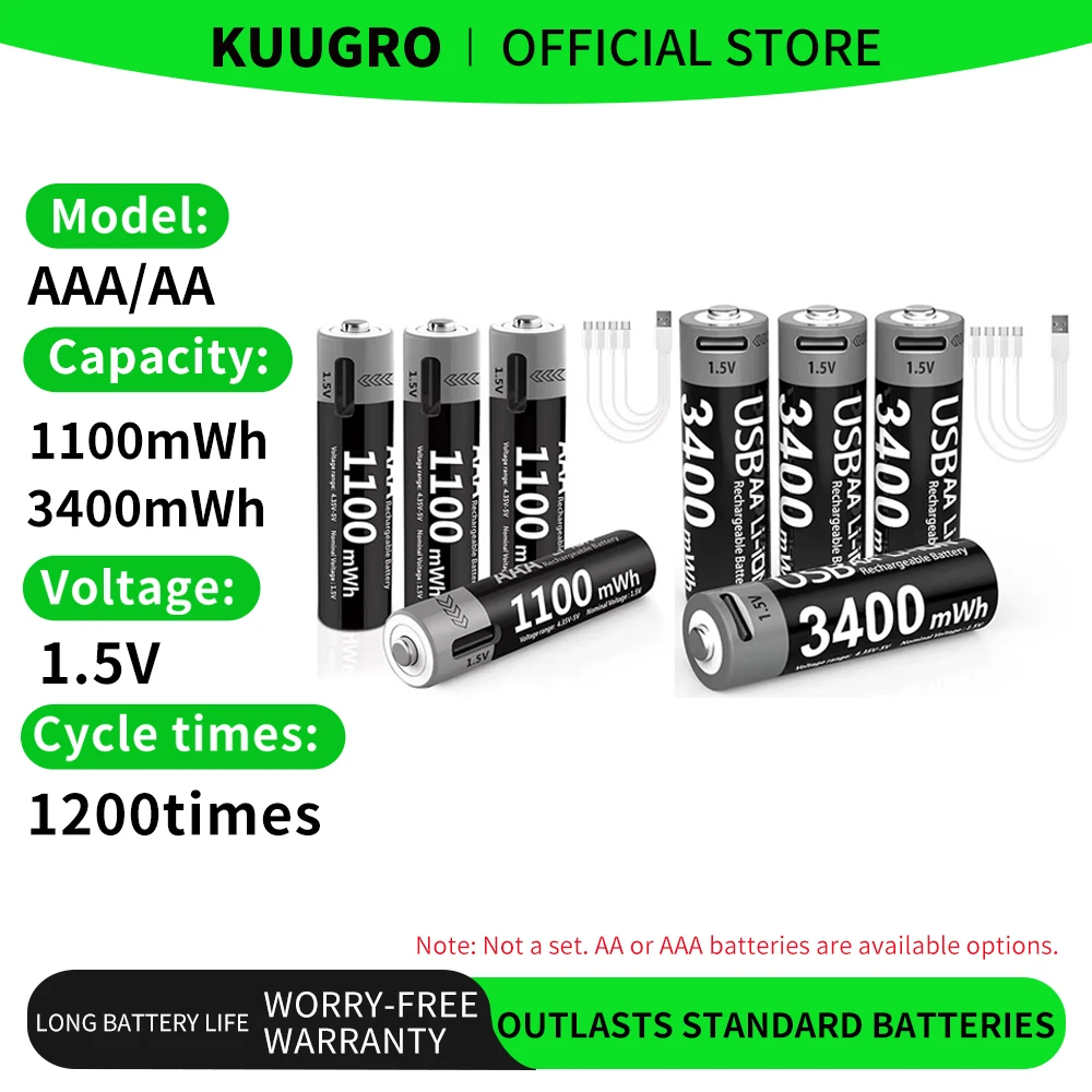 Kuugro Li-Ionen-AAA- und AA-Akkus, USB-Lithium-Ionen-3400 mWh, 1,5 V AA-Akkus + 1100 mWh, 1,5 V AAA-Batterie Image