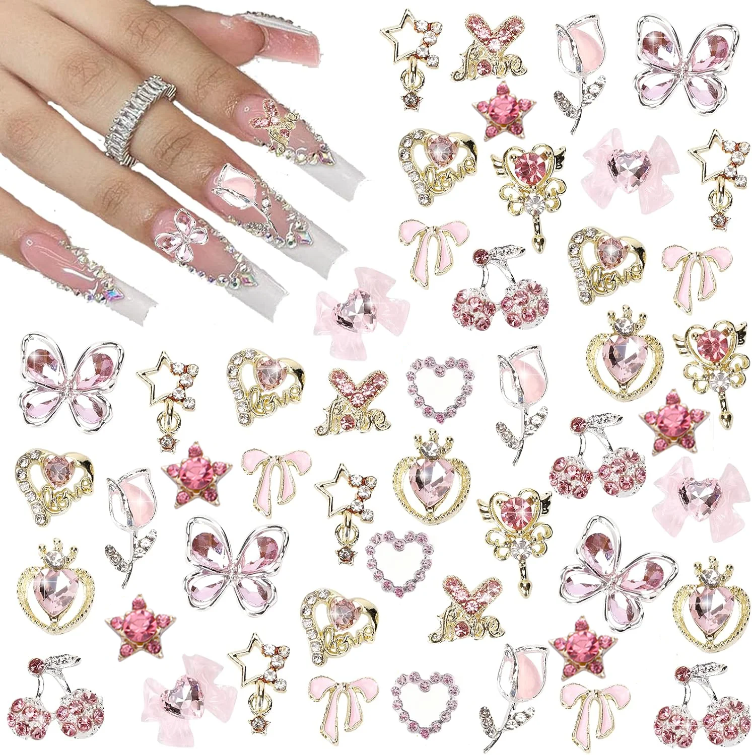 24PCS Nagel Charms Y2k Legierung Nail art Strass Charms 3D Herz Stern Schleife mit Strass Kirsche Nagel Edelsteine glänzenden Schmuck Image