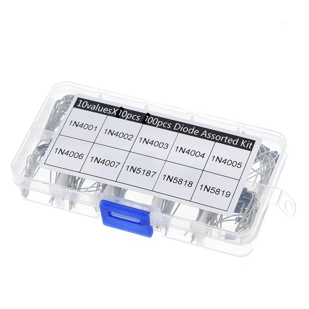 100 Stück 10 Werte Gleichrichterdioden-Sortiment-Set 1N4001 1N4002 1N4003 1N4004 1N4005 1N4006 1N4007 1N5817 1N5818 1N5819 mit Box Image
