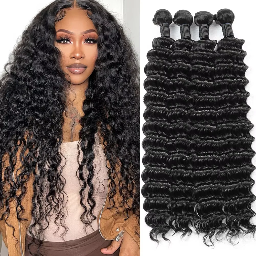 38-40 Zoll Deep Wave Haarbündel in Naturfarbe, Brasilianische Haarverlängerung, Remy-Haarbündel, Einzelbündel, Unbehandelt, 1/3/4 Stück Image