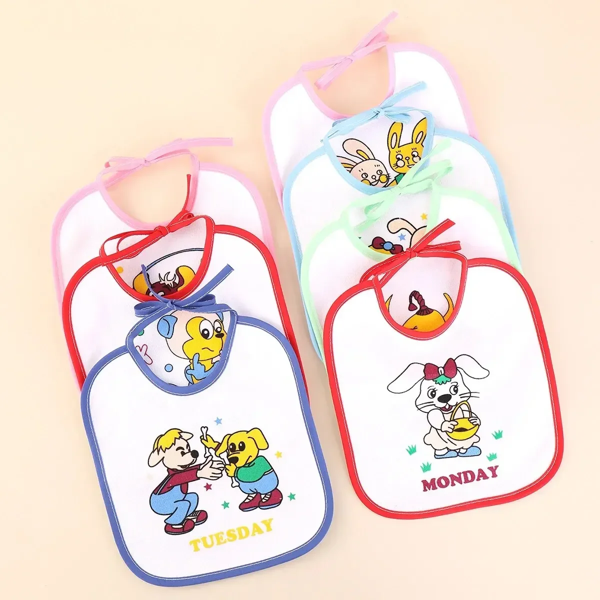 7-teiliges Set aus Baby-Mädchen und Jungen, Abendessen, Handtuchgurten, Cartoon-Druck, für Neugeborene, Brusttuch, Speichelhandtuch, U-förmiges Speichelhandtuch Image