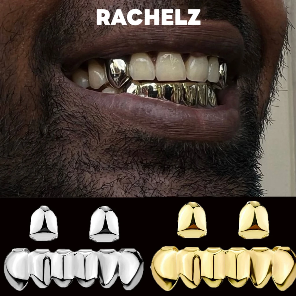 RACHELZ Gold Silber Farbe DIY 2/6 Oben Unten Glänzende Zähne Grillz Hüfte Hüfte Zahn Kappen Für Frauen Männer Schmuck Halloween geschenk