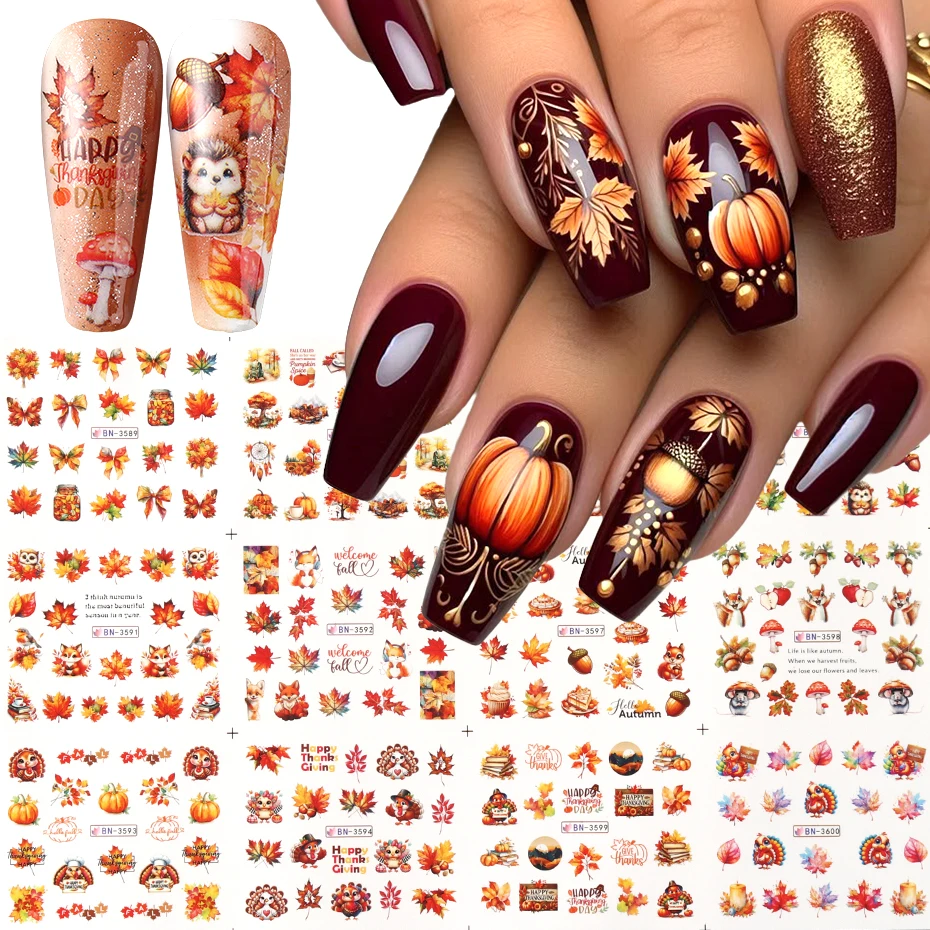 Herbst Ahornblätter Nail Art Aufkleber Sliders Igel Eichhörnchen Herbstblatt Türkei Nagel Wassertransfer Aufkleber Aufkleber Dekorationen Image