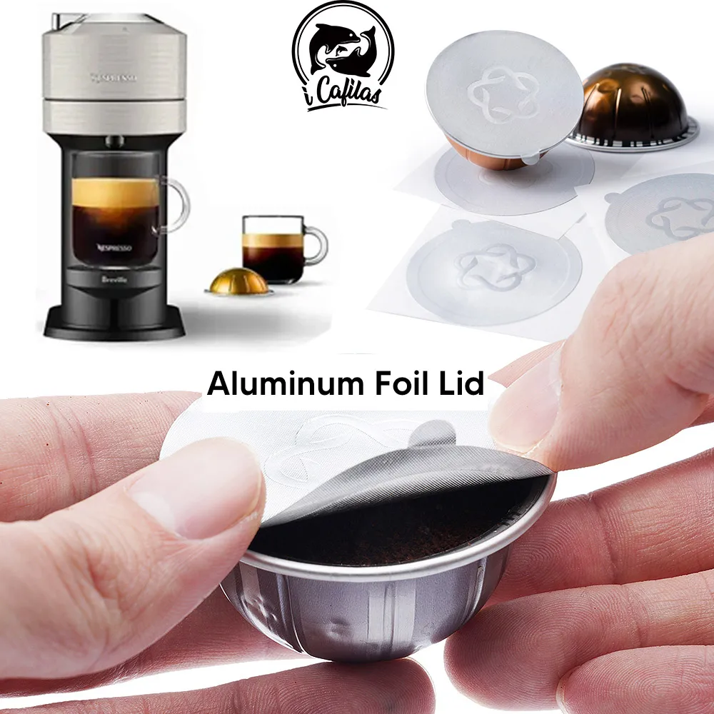icafilas Einweg-Kaffeekapseln für Nespresso Vertuo, Aluminiumfolien, Creme, Café, Filterdeckel, Aufkleber für Nespresso Vertuo Plus Image