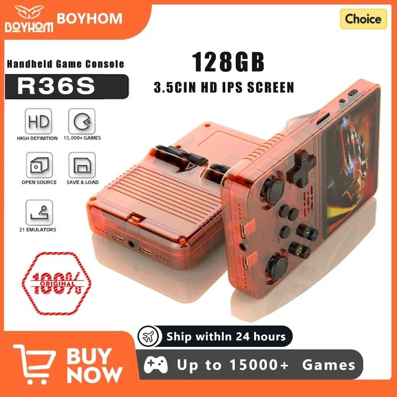 128 GB Open Source R36S Videospielkonsole Linux-System 3,5-Zoll-IPS-Bildschirm Orange Tragbarer Taschenvideoplayer 64 GB beste Spiele Image