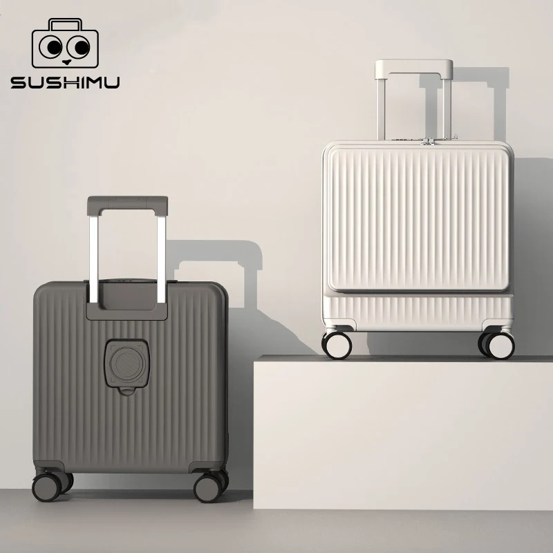 SUSHIMU Bordfreundliches Gepäck mit Frontöffnung, Trolley-Koffer für Männer und Frauen, 18-Zoll-Silent-Aluminiumrahmen