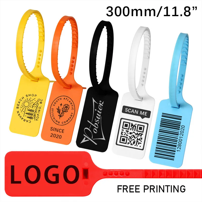 100 Sicherheitsplomben Personalisierte Etiketten aus Kunststoff Personalisiert Warenanhänger Tag für Kleidung Schuh Gepäck 300mm Image