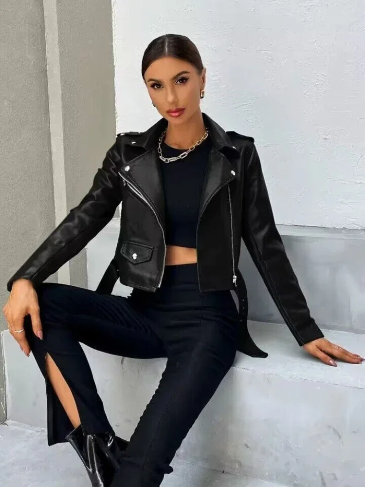 Frauen Schwarz Leder Jacke Frühling Herbst Revers Kurze Moto Biker Mantel Weibliche Dünne Lange Hülse Streetwear Faux Leder Jacken Image